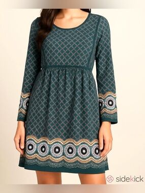 Alya Green Teal Retro Modern Geometric Print L Boho Chic Coastal Grandma Dress